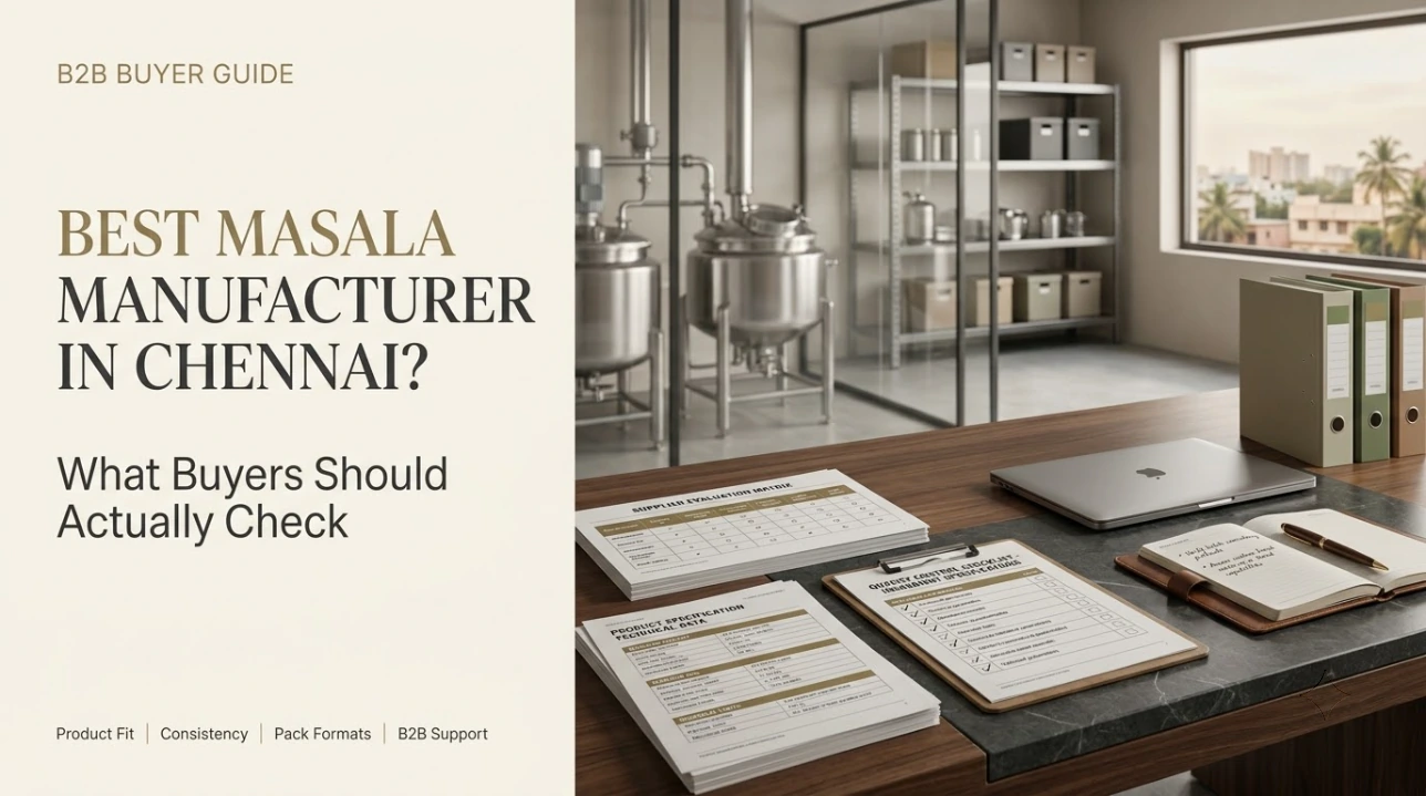 B2B buyer guide cover showing supplier comparison documents in a Chennai food-industry setting
