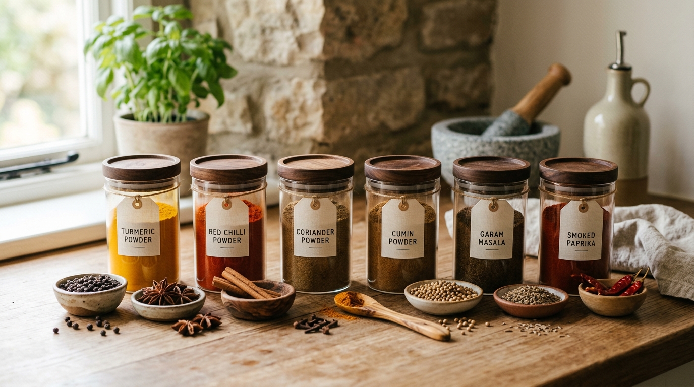 Airtight glass jars with freshly ground Indian spices and whole spice ingredients on a kitchen counter