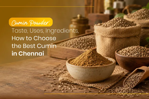 Freshly ground cumin powder with whole cumin seeds on display
