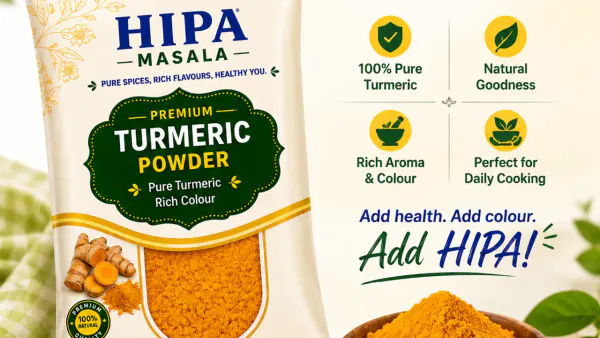 Pure golden turmeric powder in wooden bowls alongside fresh whole turmeric roots