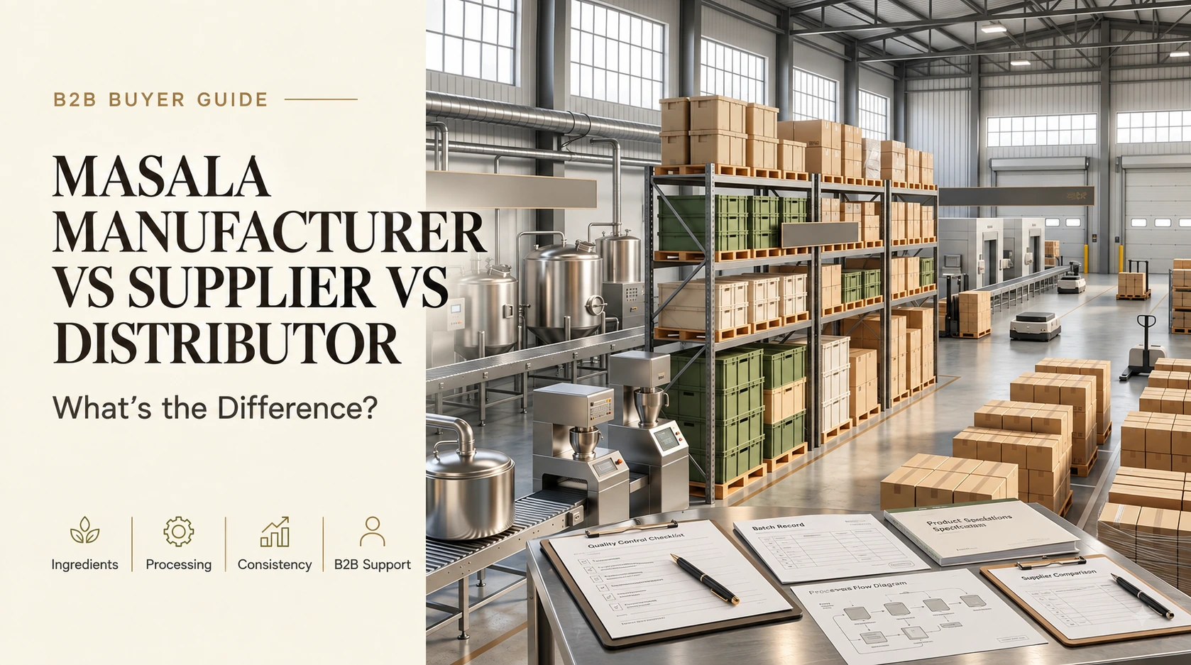 B2B supply chain guide cover showing manufacturer, supplier and distributor stages in a food-industry facility