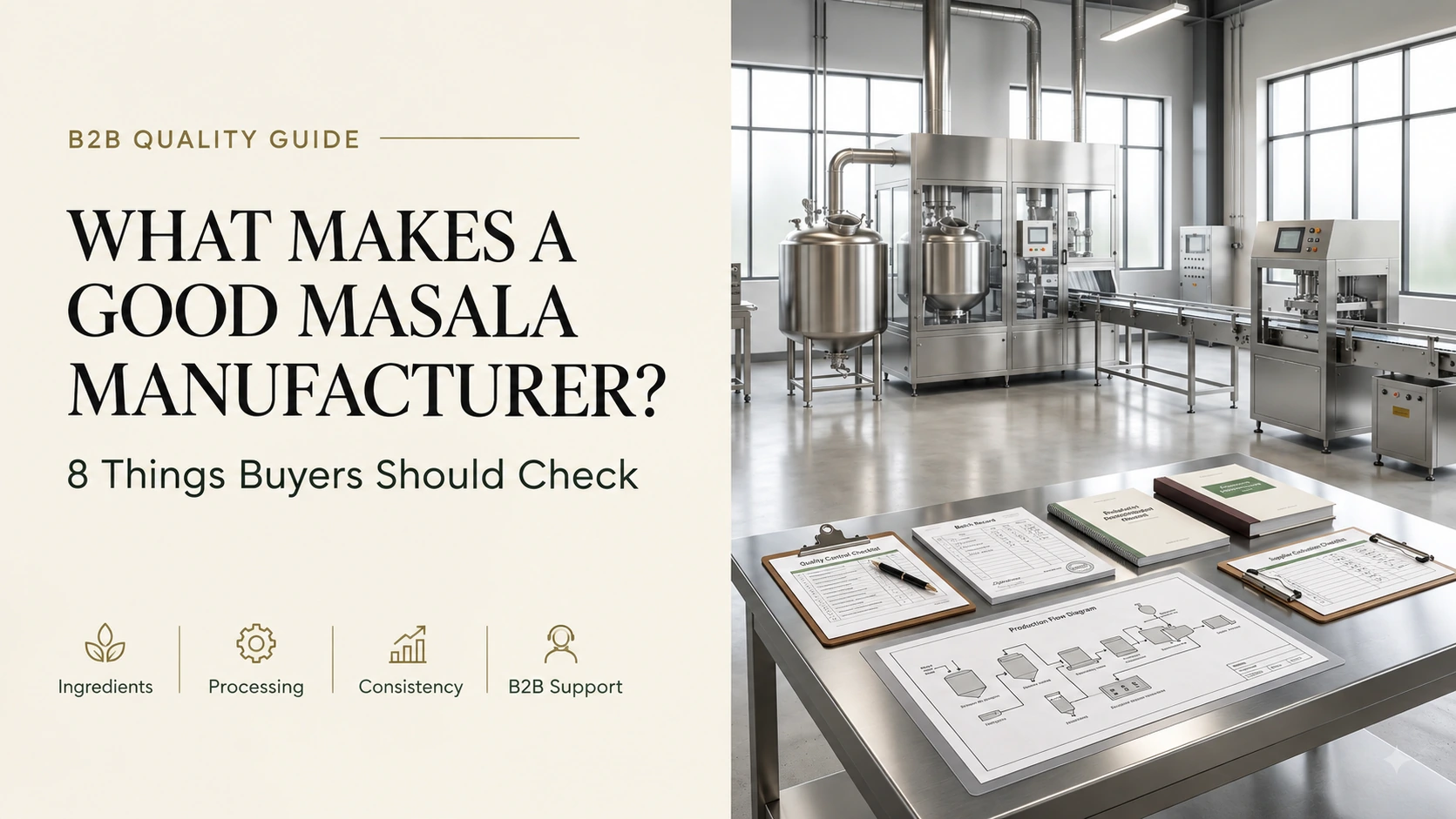 B2B quality guide cover showing quality-control and process documents in a food manufacturing environment